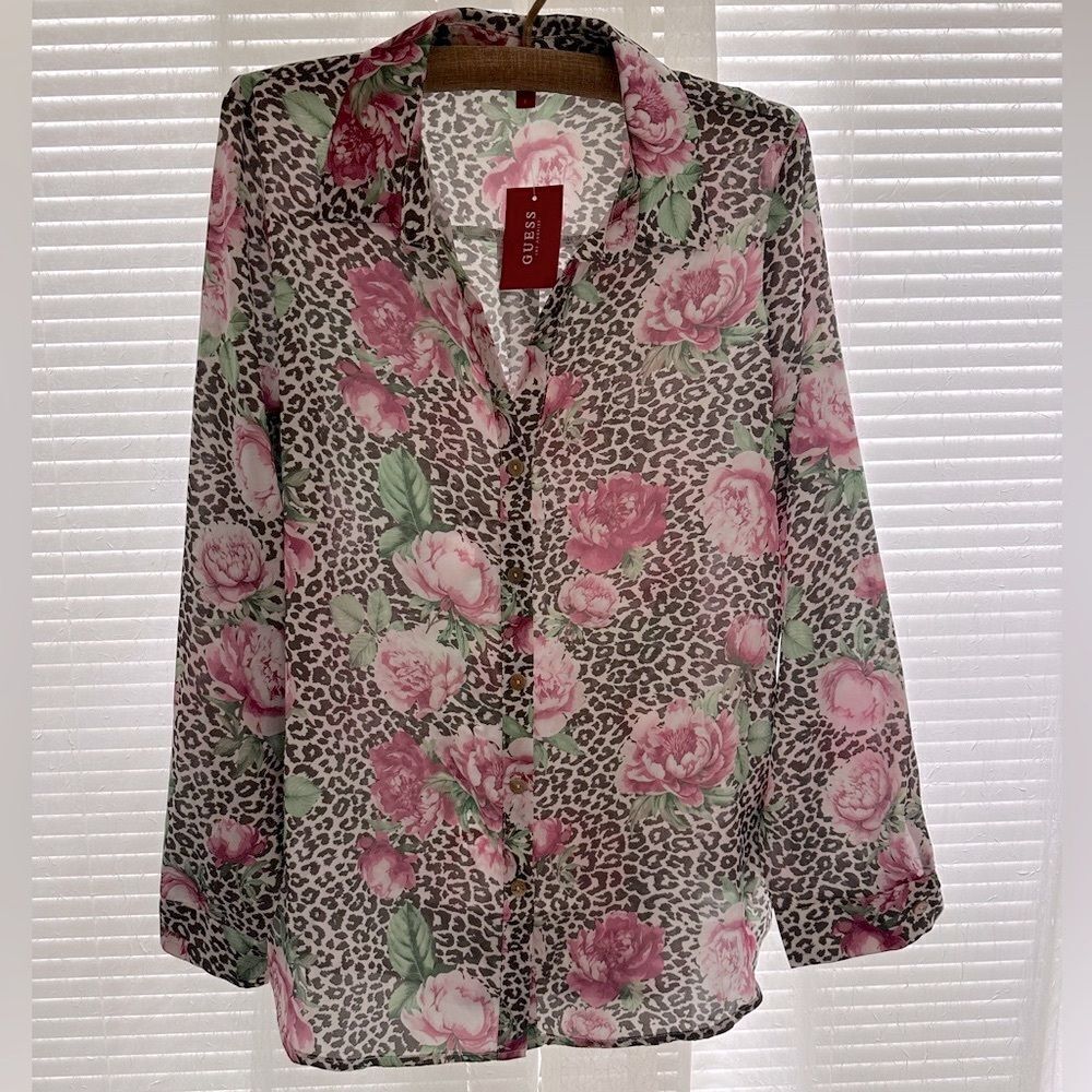 Guess M-L Brown Pink Animal Print Peony Floral Button Front Long Sleeve Blouse